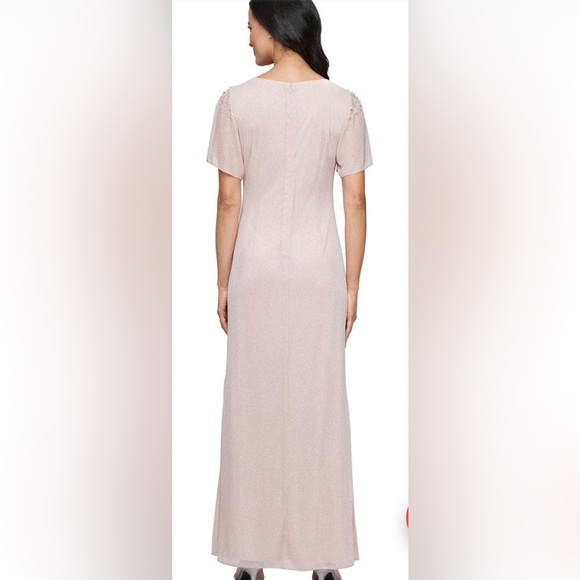 SLNY Glitter Mesh Sheath Gown with Beaded Shoulder Pastel Pink Dress - Picture 2 of 5